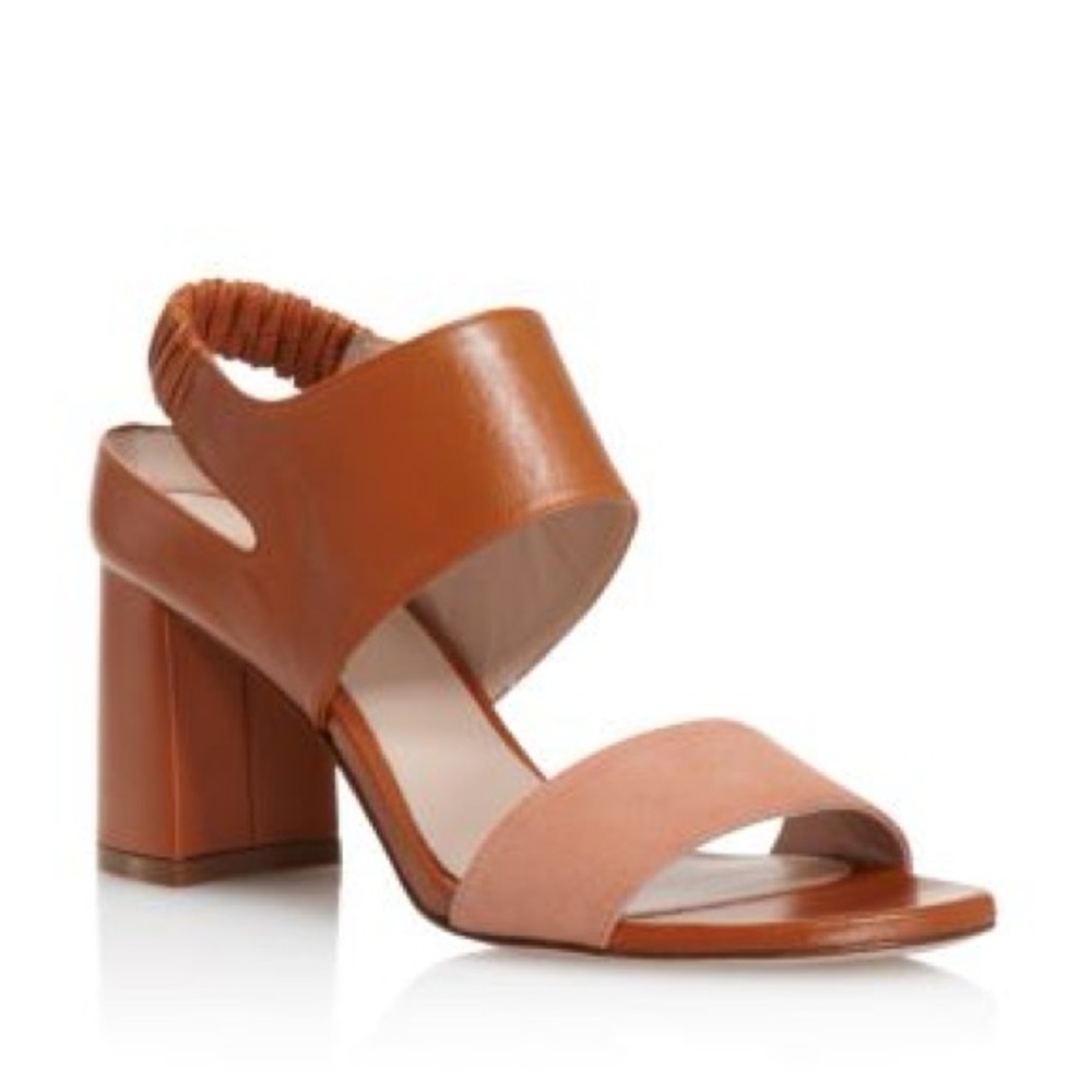 Stuart Weitzman Tan and Blush Block Heel Sandals